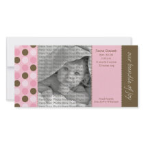 8x4 Birth Announcement Pink and Brown Polka Dots photo cards by BeezKneez 8x4 Birth Announcement Pink and Brown Polka Dots photo cards