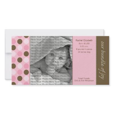 8x4 Birth Announcement Pink and Brown Polka Dots Photo Card by BeezKneez