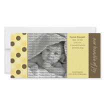 8x4 Birth Announcement Yellow and Brown Polka Dots photo cards by BeezKneez 8x4 Birth Announcement Yellow and Brown Polka Dots photo cards