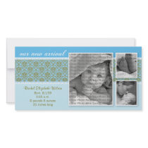 8x4 Blue Baroque 3-Photo Birth Announcement Photo Cards