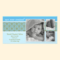 8x4 Blue Baroque 3-Photo Birth Announcement photo cards