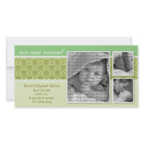 8x4 Green Baroque 3-Photo Birth Announcement photo cards