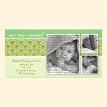8x4 Green Baroque 3-Photo Birth Announcement photo cards