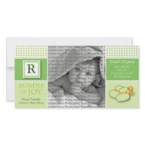 8x4 Green Gingham Monogrammed Birth Announcement photo cards