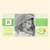 8x4 Green Gingham Monogrammed Birth Announcement photo cards