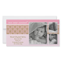 8x4 Pink Baroque 3-Photo Birth Announcement Photo Greeting Card