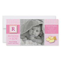 8x4 Pink Gingham Monogrammed Birth Announcement photo cards