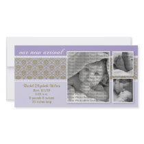 8x4 Purple Baroque 3-Photo Birth Announcement Photo Card