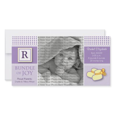 8x4 Purple Gingham Monogrammed Birth Announcement Photo Greeting Card by BeezKneez