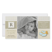 8x4 Taupe Gingham Monogrammed Birth Announcement photo cards