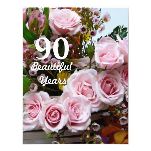 90 Beautiful Years!-Birthday Party/Pink Roses Custom Announcement (front side)