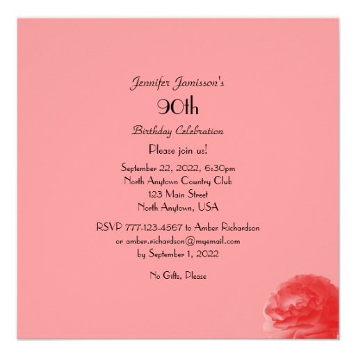 90th Birthday Celebration Invitation Coral Rose