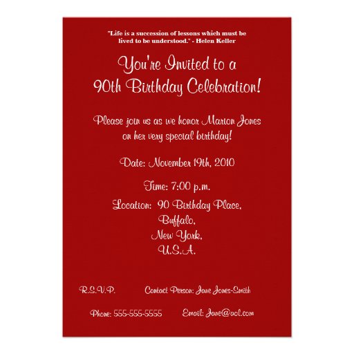 90th Birthday Celebration-Red Rose Invitations