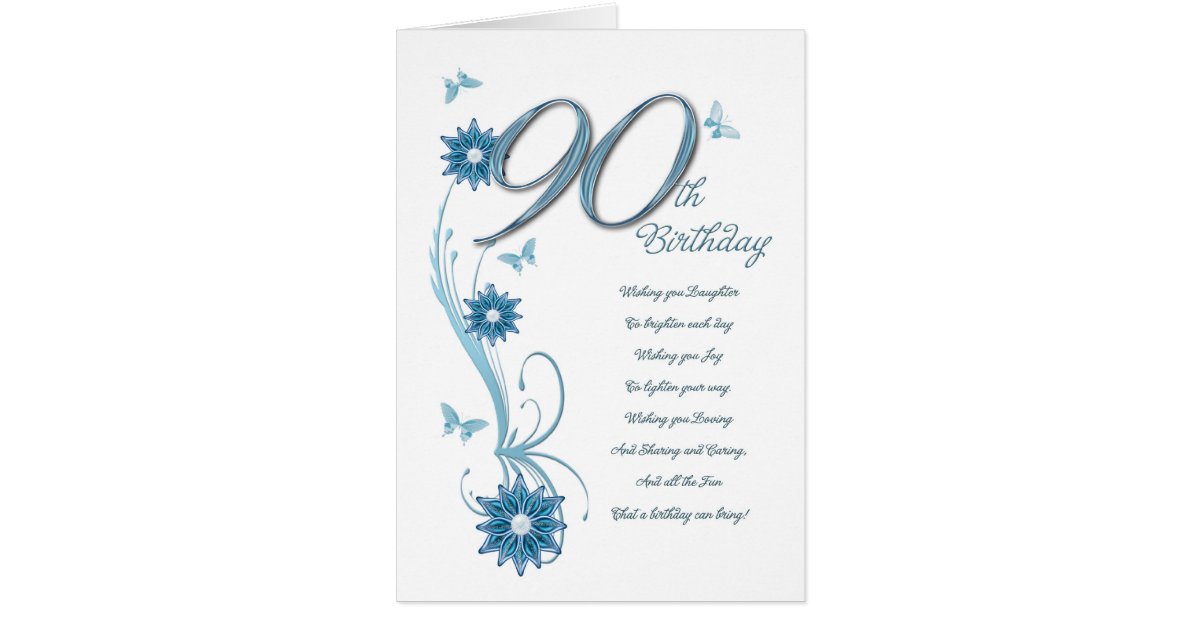 90th birthday in teal with flowers and butterfly card Zazzle