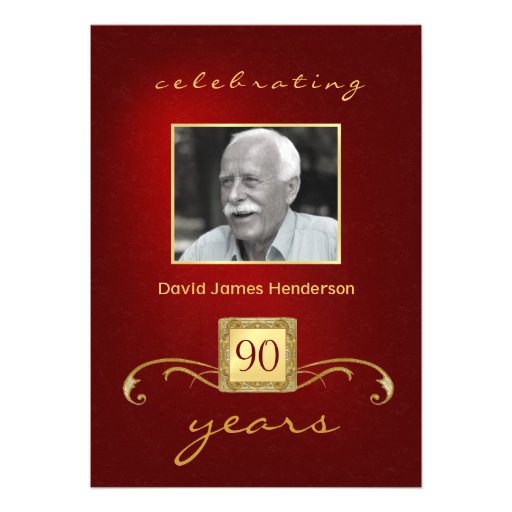 90th Birthday Invitations - Monogram Red & Gold (front side)