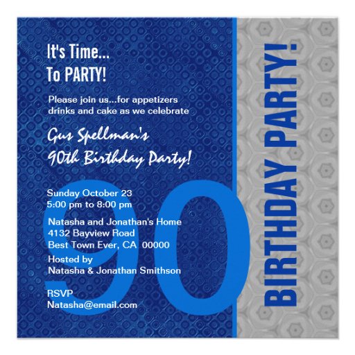 90th Birthday Modern Blue and Silver S306 Personalized Invitation