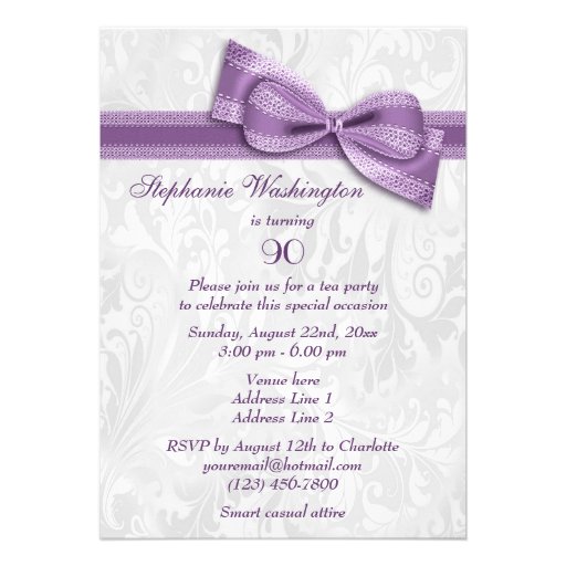 90th Birthday Party Damask and Faux Bow Invite