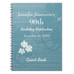 90th Birthday Party Guest Book Blue, White Floral Notebook