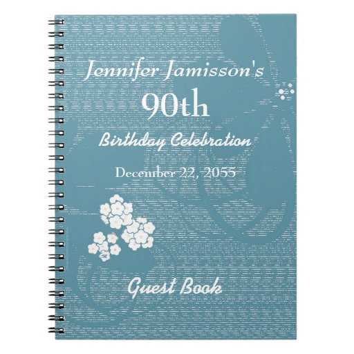 90th Birthday Party Guest Book Blue, White Floral Notebook Zazzle