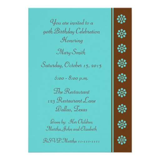 90th Birthday Party Invitation -- Aqua and Brown (front side)