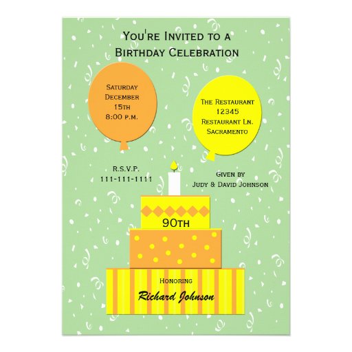 90th Birthday Party Invitation -- Fun 90th Cake (front side)