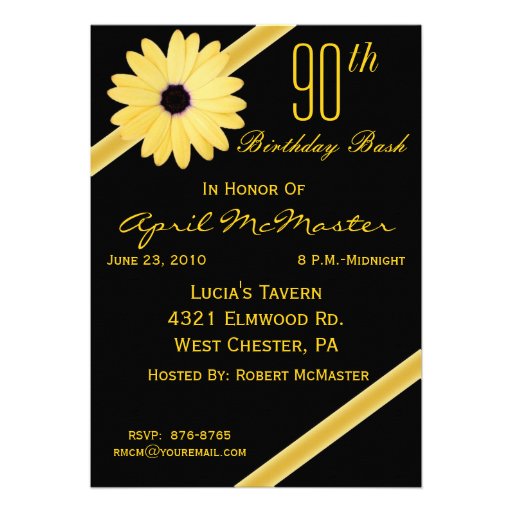 90th Birthday Party Invitation in Black & Gold (front side)