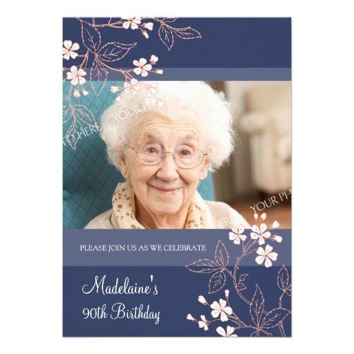 90th BIrthday Party Invitations Blue Coral Flowers (front side)