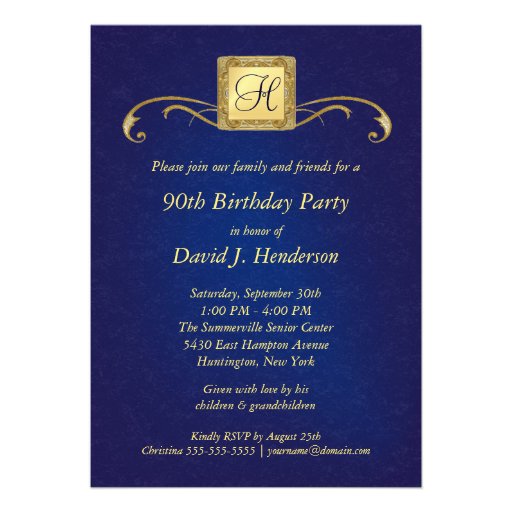 90th Birthday Party Invitations - Blue Monogram