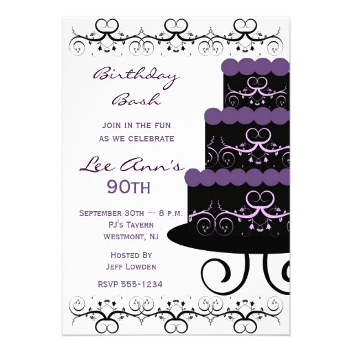 90th Birthday Party Invitations In Purple Swirl (front side)
