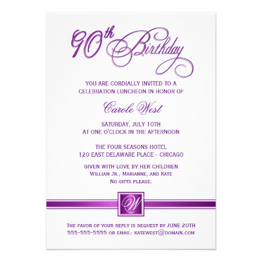 90th Birthday Party Invitations - with Monogram
