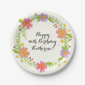 90th Birthday Party Watercolor Modern Floral 7 Inch Paper Plate