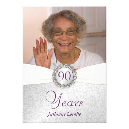 90th Birthday Photo Invitations - Silver & Purple (front side)