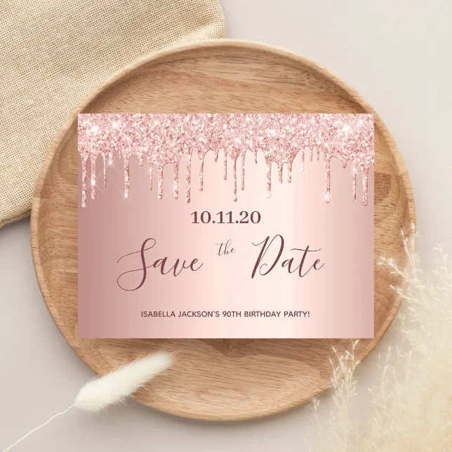 90th Birthday Rose Gold Glitter Save The Date Postcard Zazzle