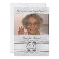 90th Birthday - Silver Damask Photo Invitation