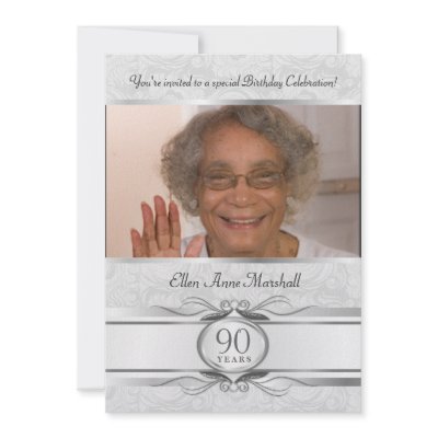 90th Birthday - Silver Damask Photo Invitation Zazzle_invitation