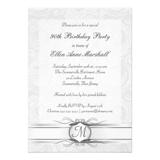 90th Birthday - Silver Damask Photo Invitation