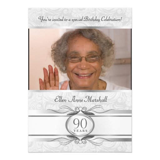 90th Birthday - Silver Damask Photo Invitation (front side)