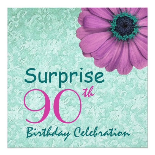 90th SURPRISE Birthday Pink Teal Daisy Recycled Invites (front side)