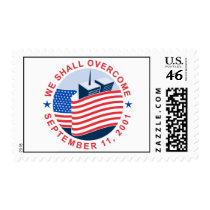 911 memorial with american flag and twin towers postage