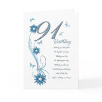 91st birthday in teal with flowers and butterfly greeting cards