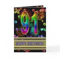 91st Birthday with rainbow bubbles and fireworks Greeting Card