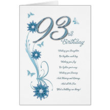 93rd birthday in teal with flowers and butterfly greeting card