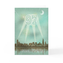 97th Birthday card with a city and spotlights