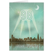98th Birthday card with a city and spotlights