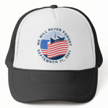 9/11 memorial with american flag and twin towers mesh hat