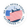 9/11 memorial with american flag and twin towers round stickers