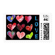 9 Black Love Hearts Watercolor Postage stamp