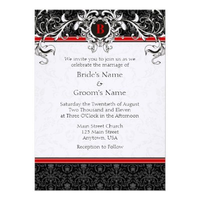 A6 Red & Black Damask Monogram Wedding Invitations