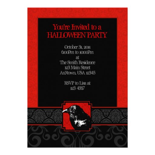 A7 Red & Black Raven Damask Halloween Invitations