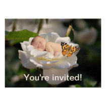A baby and white rose invitation invitations